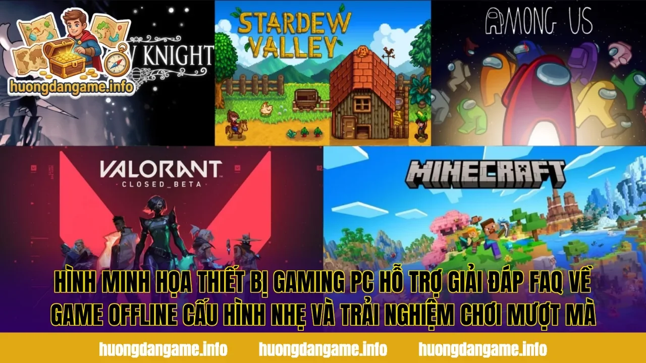 Hình minh họa thiết bị gaming PC hỗ trợ giải đáp FAQ về game offline cấu hình nhẹ và trải nghiệm chơi mượt mà